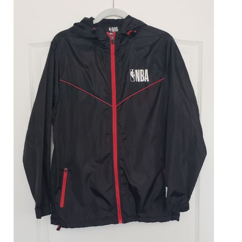 NBA Black Windbreaker Rain Jacket Full Zip Hood Lightweight Mens Sz S Basketball - Picture 1 of 5